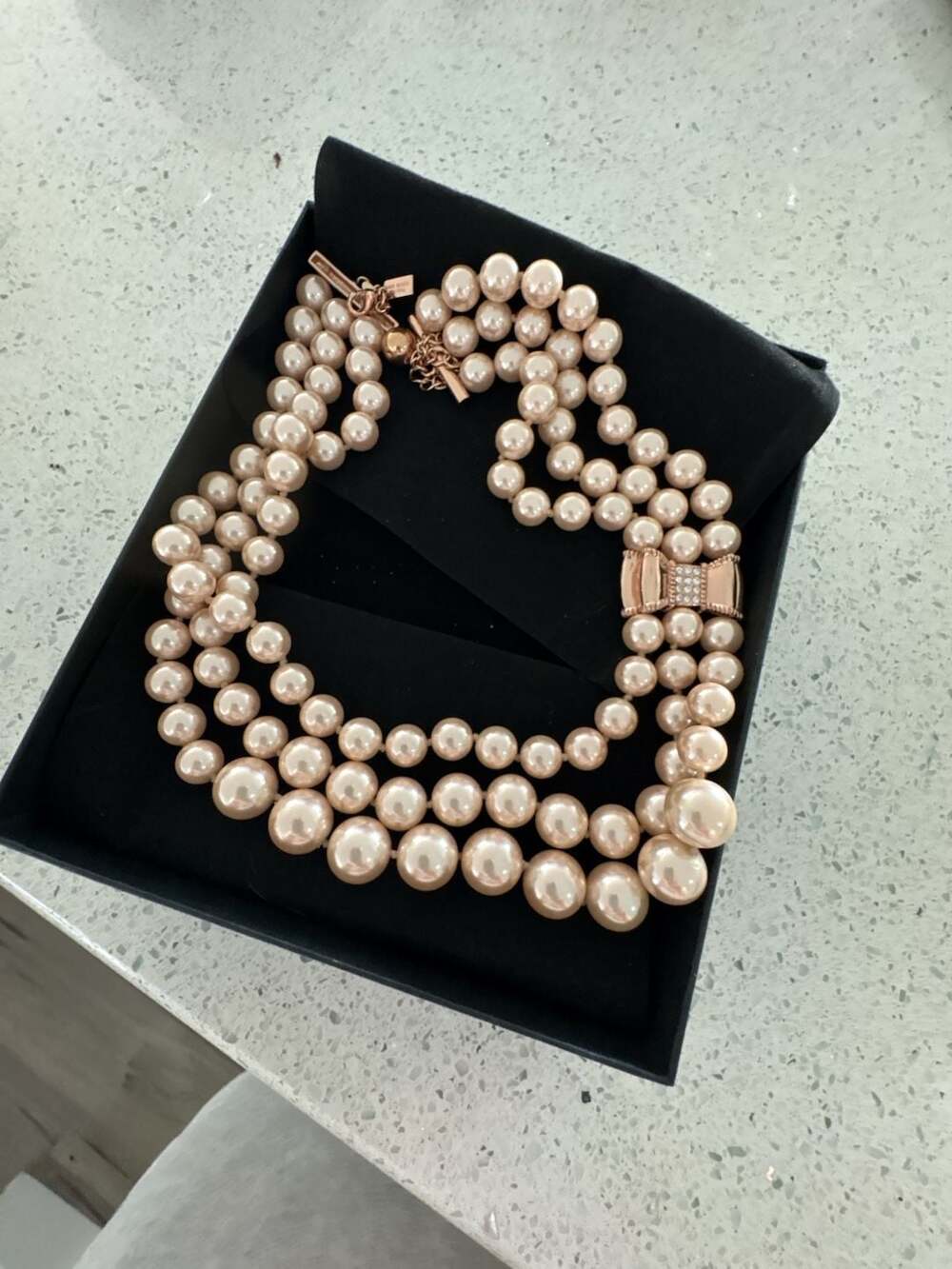 Kate Spade Moon River Triple Strand Pink Faux Pearl Necklace with Rose Gold Embe